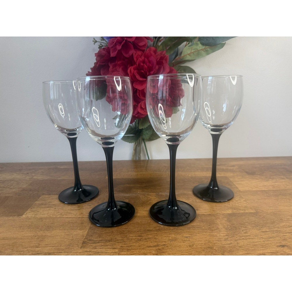 Luminarc‎ France Black Stem Wine Glasses Clear Bowl Vintage Retro Barware Bar